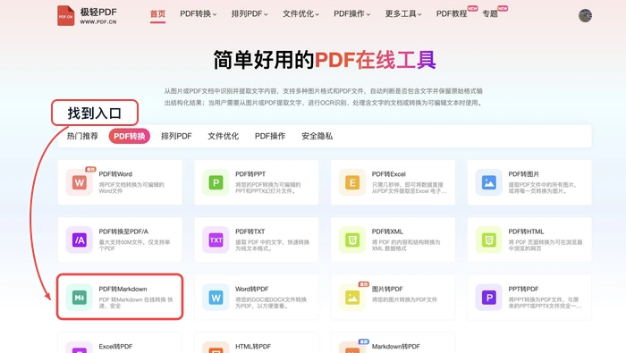 PDF转Markdown找到对应工具入口真实中文页面图
