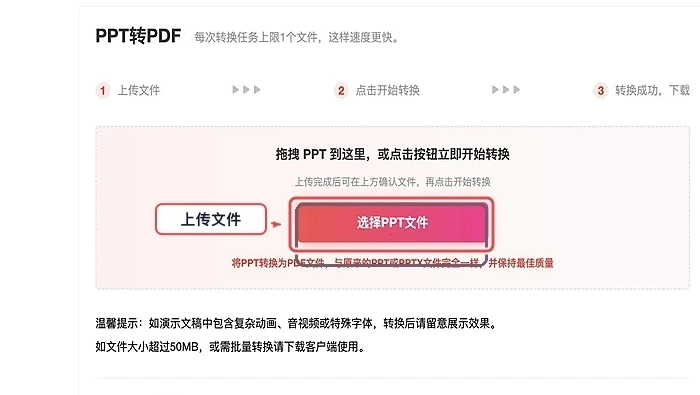 PDF.cn PPT转PDF页面上传PPT文件的真实步骤图