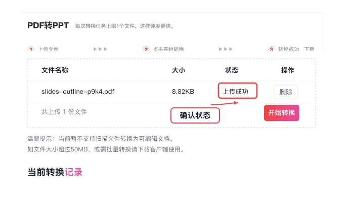 PDF转PPT核对上传状态真实中文页面图