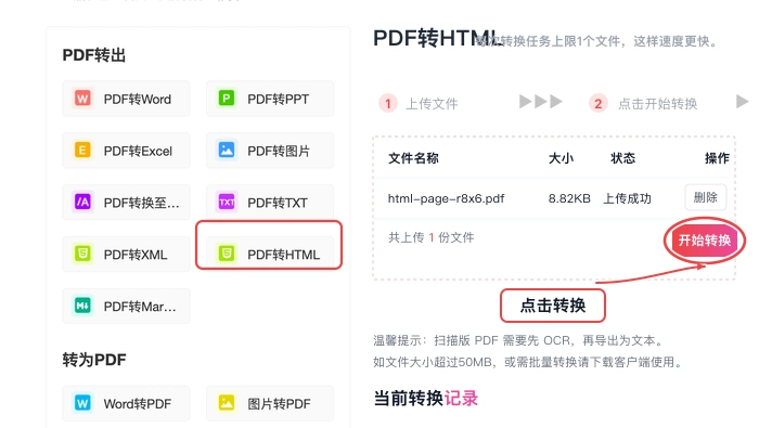 PDF转HTML确认文件后开始转换真实中文页面图
