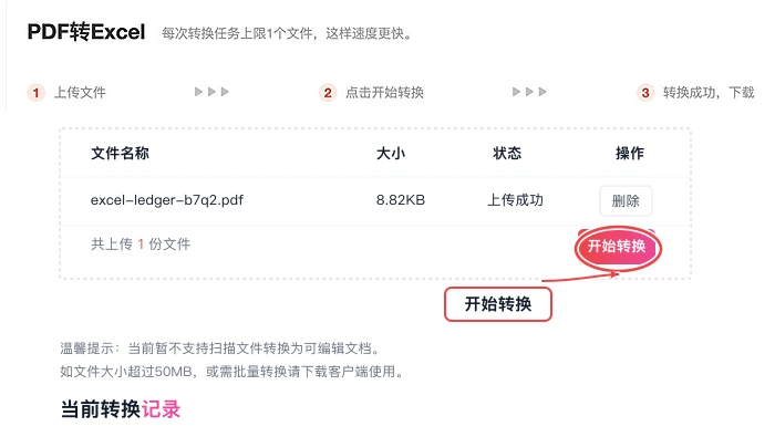 PDF转Excel设置参数并开始处理真实中文页面图