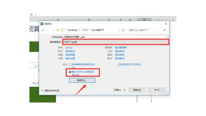 在Excel另存为窗口选择PDF格式和输出选项