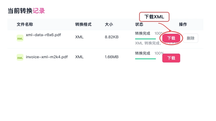 在转换记录中下载并检查XML结果文件