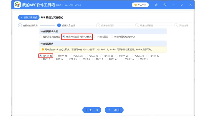 本地PDF工具选择转换至PDF/A-1a格式界面