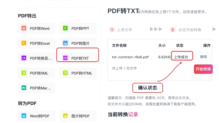 PDF转TXT核对文件上传状态真实中文页面图