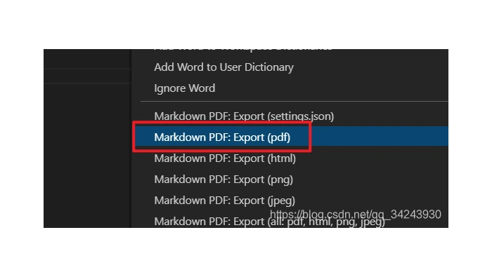 在 VS Code 菜单中选择 Markdown PDF 的 Export pdf 命令