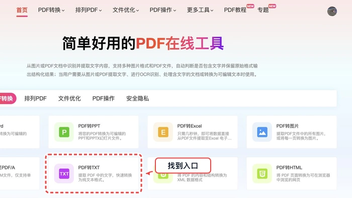 PDF转TXT找到工具入口真实中文页面图