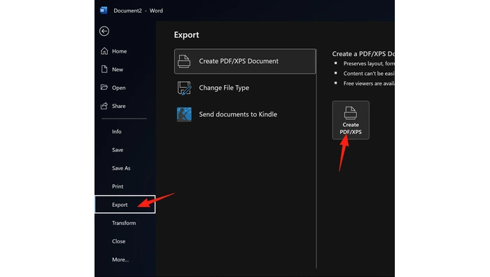 Microsoft Word通过导出功能创建PDF文档的操作图