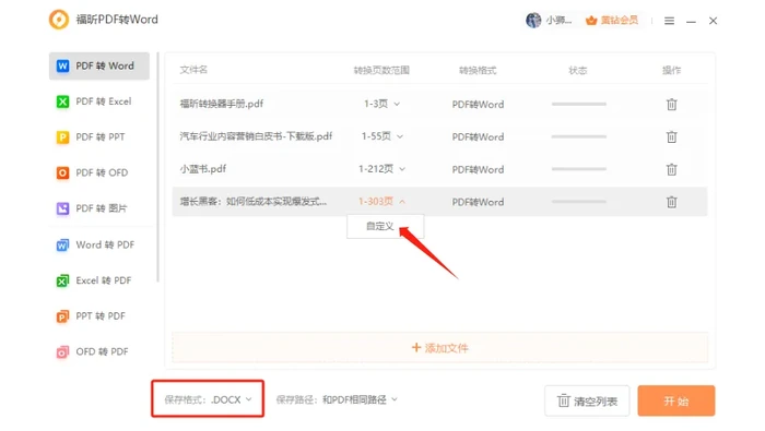 PDF转Word本地工具设置页码范围与DOCX格式操作图