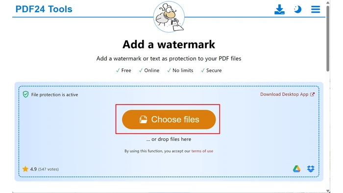PDF24 Tools添加水印页面选择PDF文件